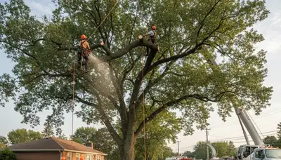 Professional arborists performing tree removal with cranes and safety gear in Staten Island, NY
