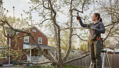 Arborist pruning apple tree in Staten Island NY backyard for healthy growth and fruit production