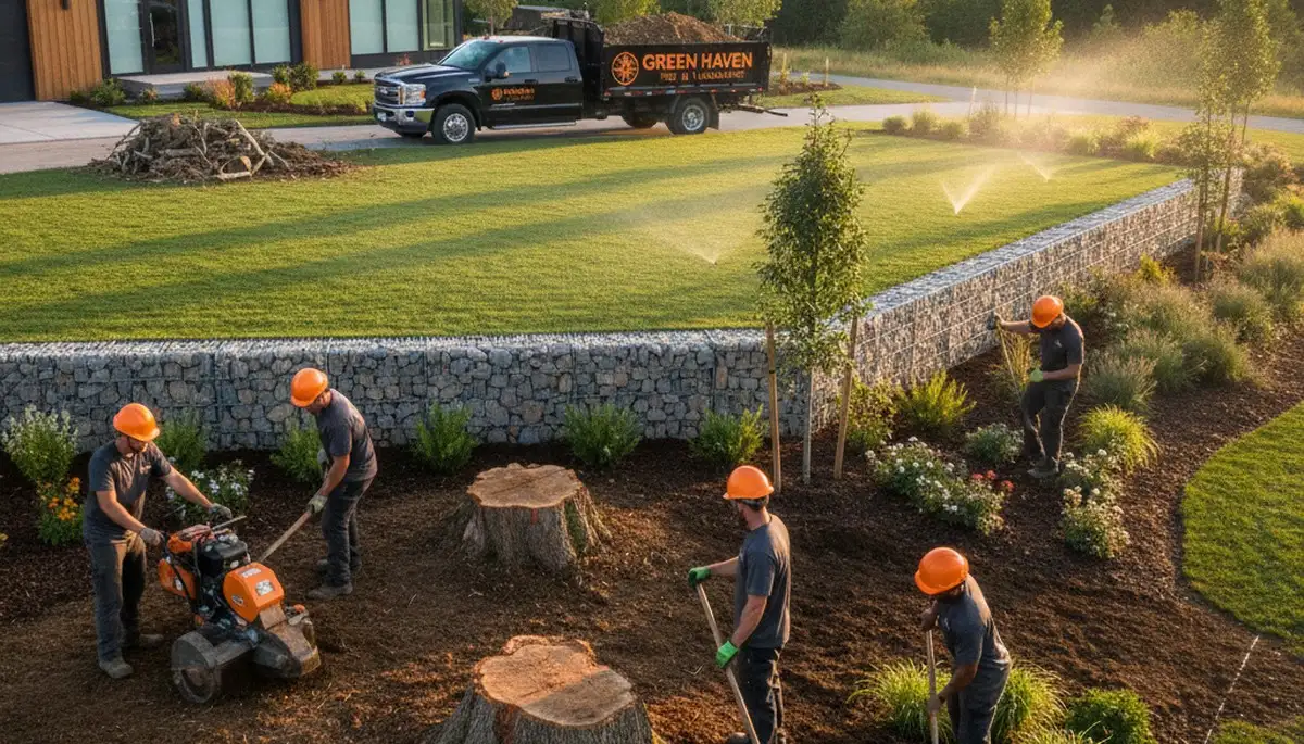Landscape design and tree removal experts working in a Staten Island NY residential garden