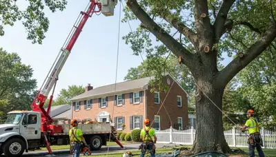 Arborists using bucket truck for large tree removal at residential property in Staten Island NY