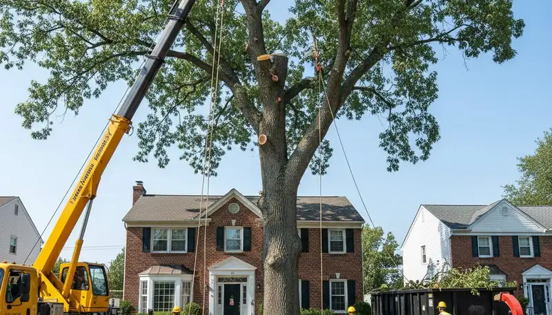 Arborists using bucket truck for large tree removal at Staten Island NY home to ensure safe property care
