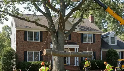 Arborists performing large tree removal with bucket truck in Staten Island NY residential neighborhood