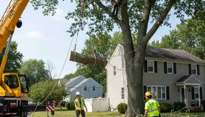 Arborists using bucket truck for large tree removal at Port Reading home near Staten Island, NY
