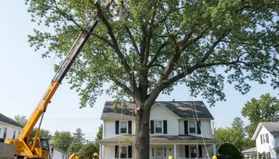 Arborists using bucket truck for large tree removal at Sewaren home near Staten Island NY