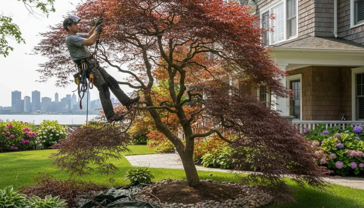 Arborist hand pruning ornamental Japanese maple tree in Staten Island NY residential landscape