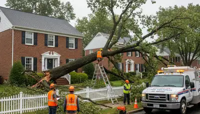 Emergency storm damage tree removal crew clearing fallen trees in Staten Island NY after severe weather