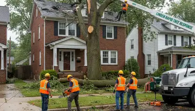 Emergency tree removal crew clearing storm damage in Staten Island NY after severe storm