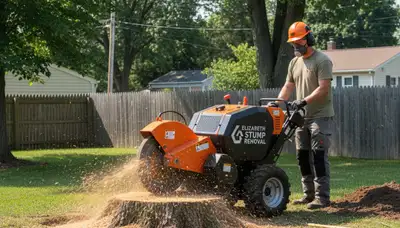 Professional stump grinding service removing tree stump in Staten Island NY yard for lawn restoration