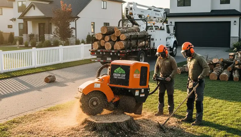 Arborist performing professional stump grinding in Staten Island, NY yard after storm damage
