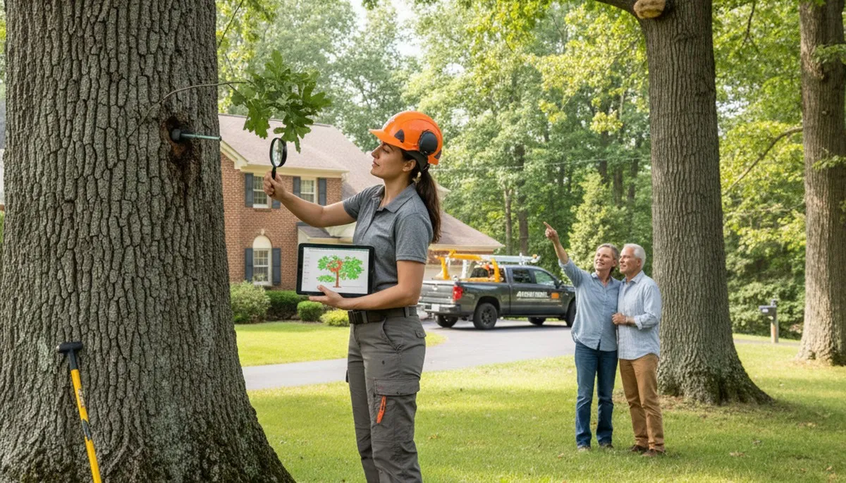 Certified arborist performing tree health assessment for homeowners in Staten Island, NY
