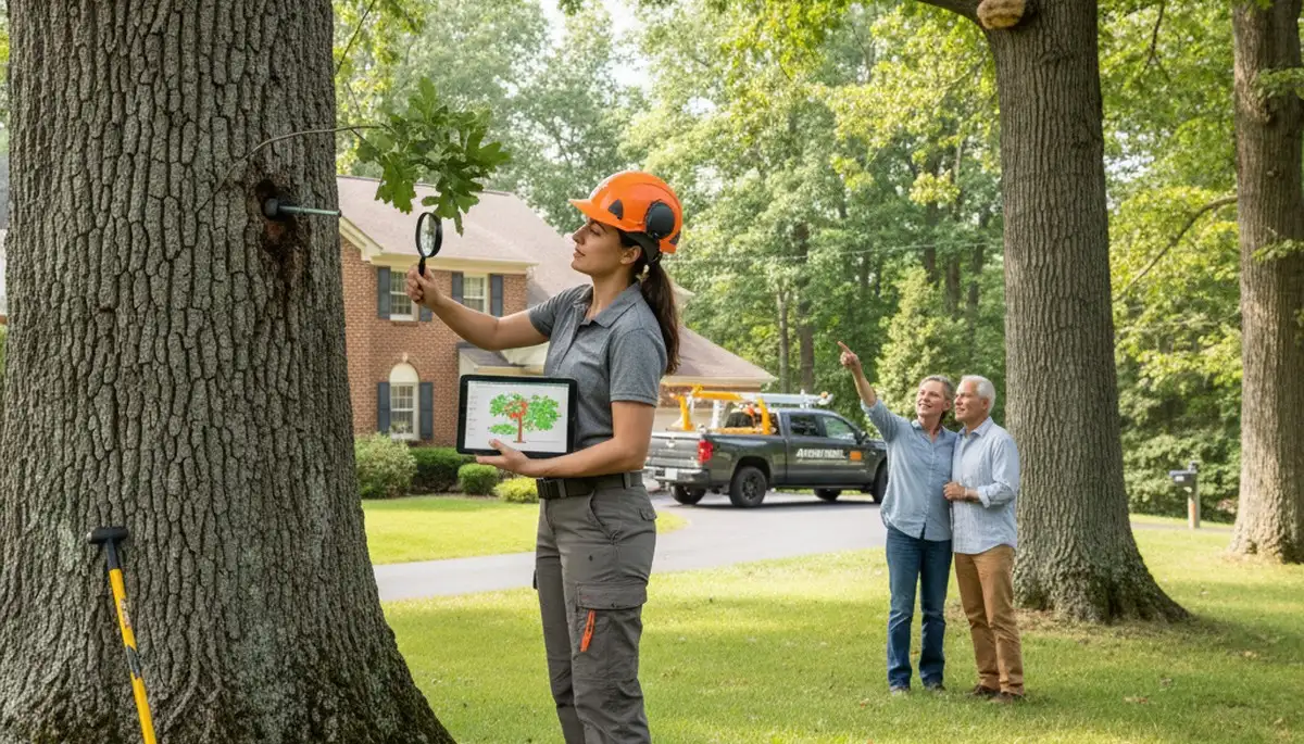 Certified arborist performing tree health assessment for homeowners in Staten Island, NY