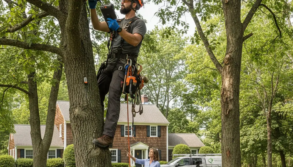 Certified arborist performing tree health assessment in Sewaren NJ for Staten Island tree removal services