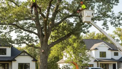 Arborist pruning oak tree in residential yard, professional tree trimming Staten Island NY