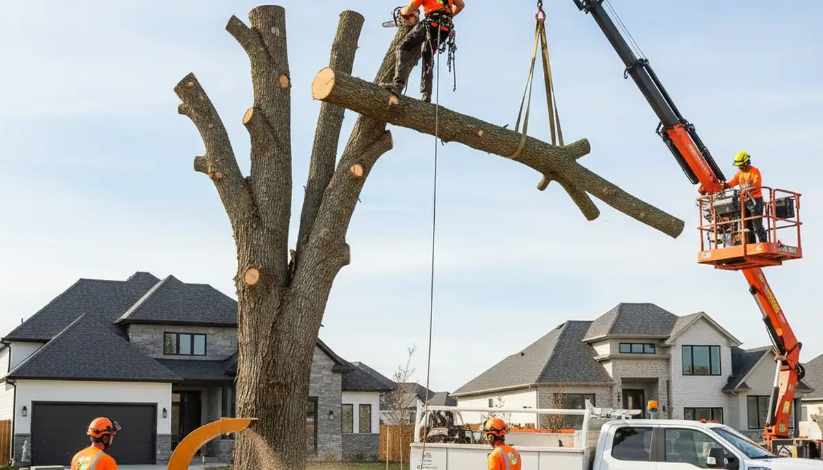 Professional tree removal crew working in Staten Island, NY safely cutting and clearing large trees