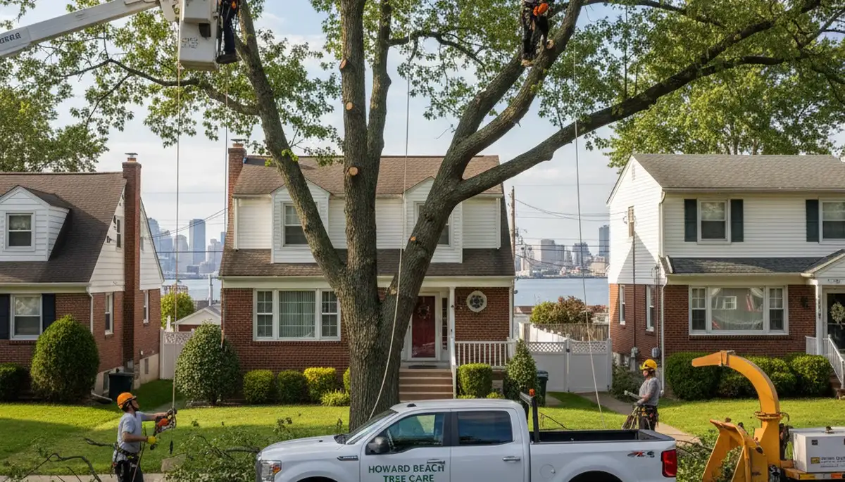Professional tree removal service crew at work in Staten Island, NY clearing residential trees