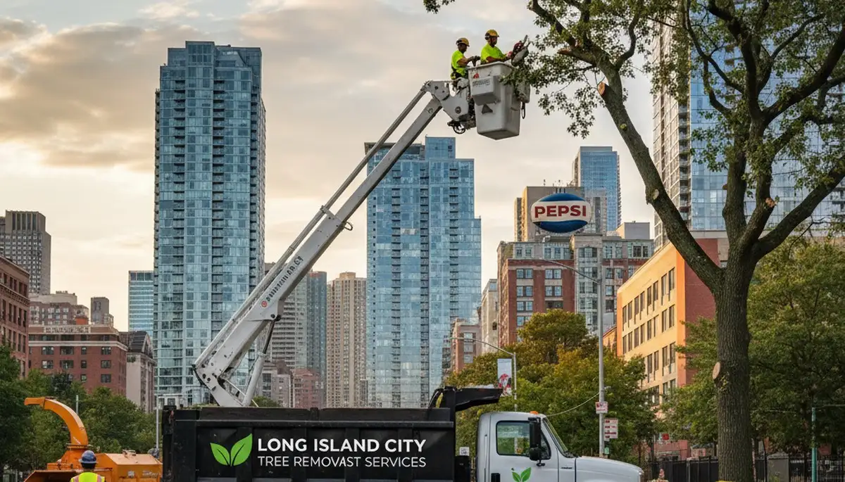 Professional tree removal service team in Staten Island NY safely cutting large oak tree