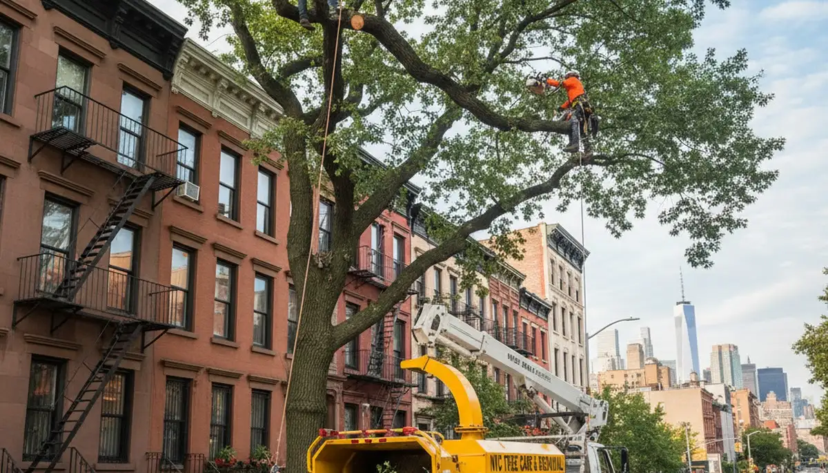 Professional tree removal service in Staten Island NY safely cutting large oak tree