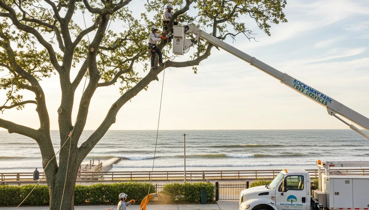Professional tree removal service team in Staten Island NY safely cutting large oak tree branches