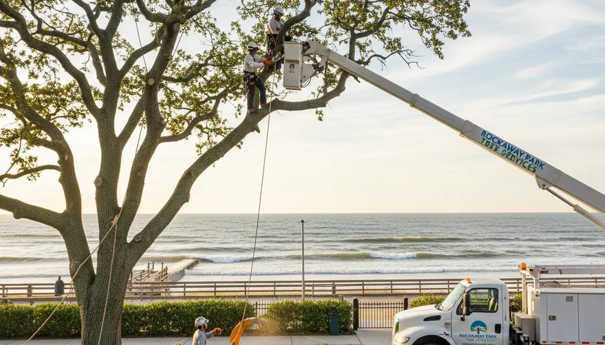 Professional tree removal service team in Staten Island NY safely cutting large oak tree branches