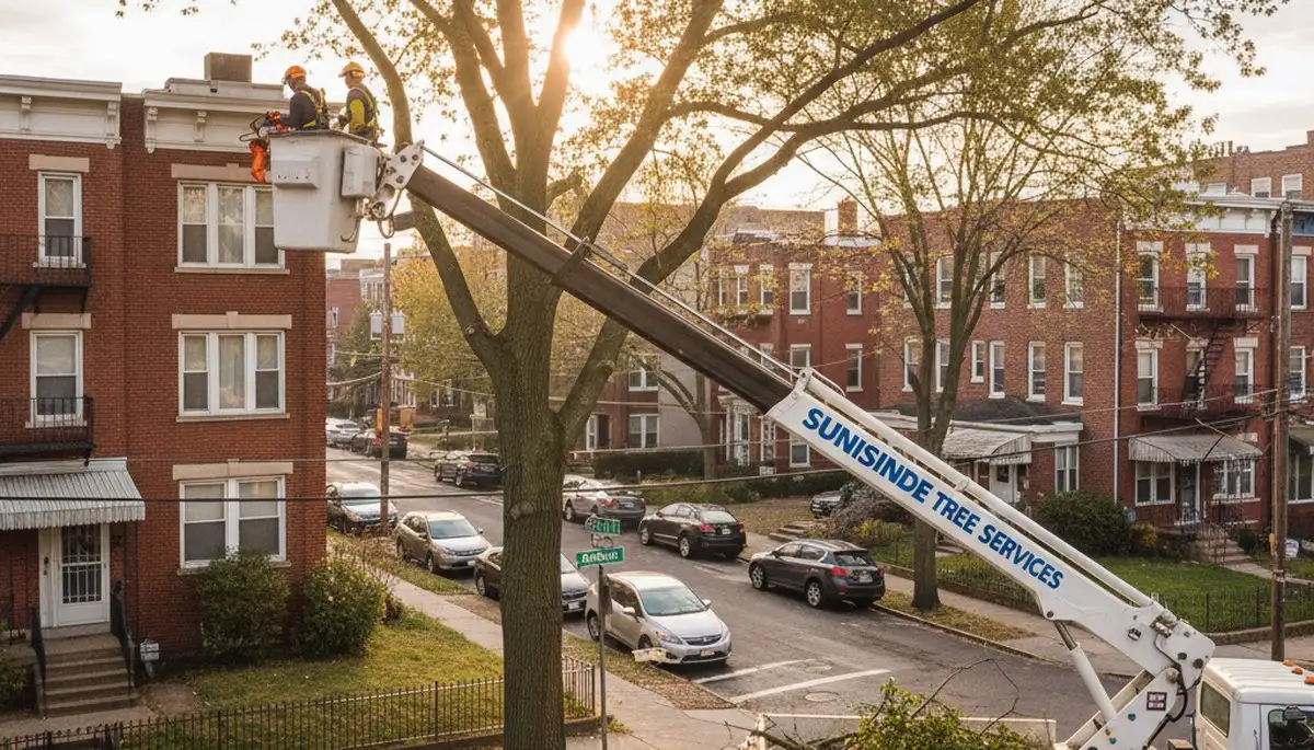 Professional tree removal service in Staten Island NY safely cutting down large backyard tree